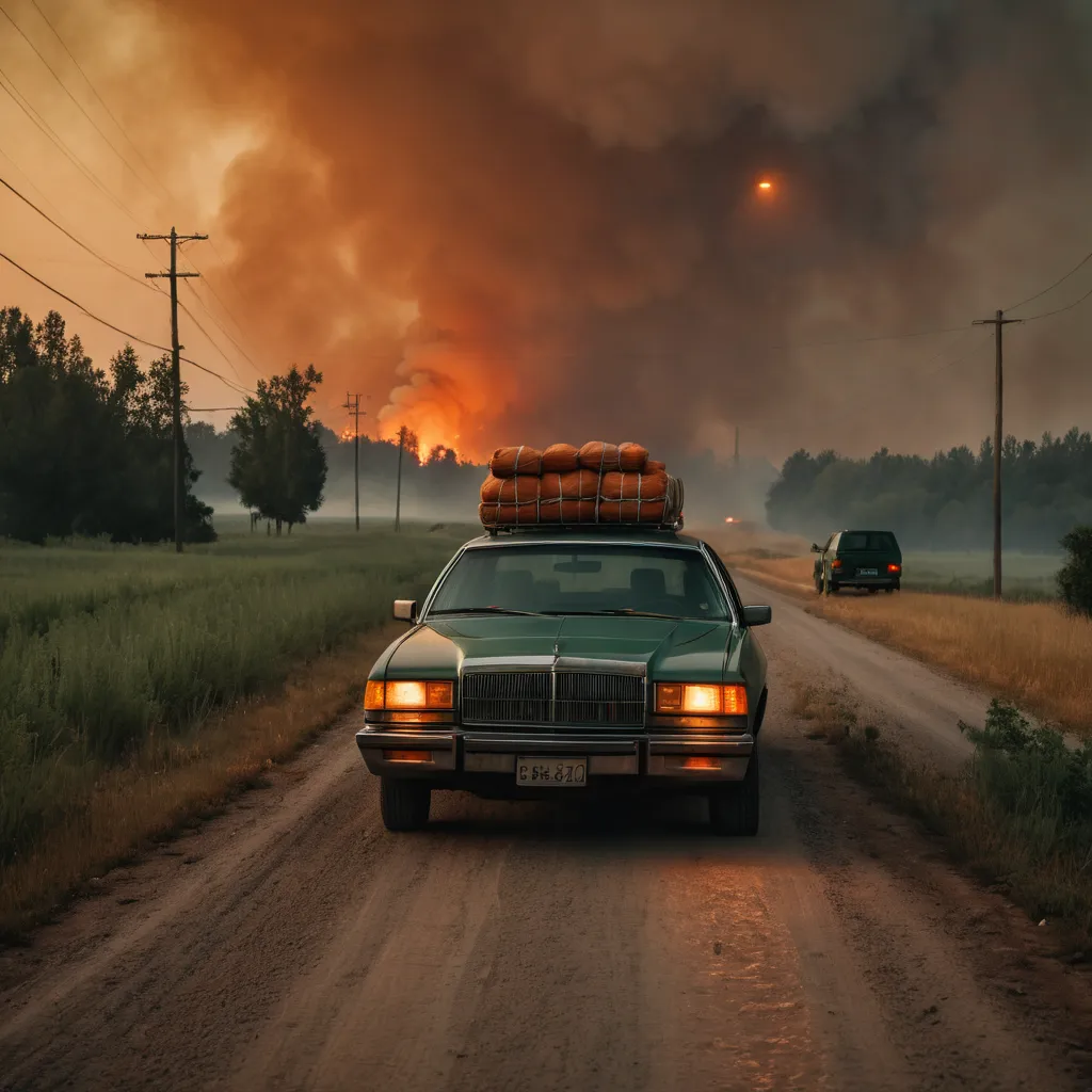 A packed car parked on a rural road at dusk with smoke haze on the horizon