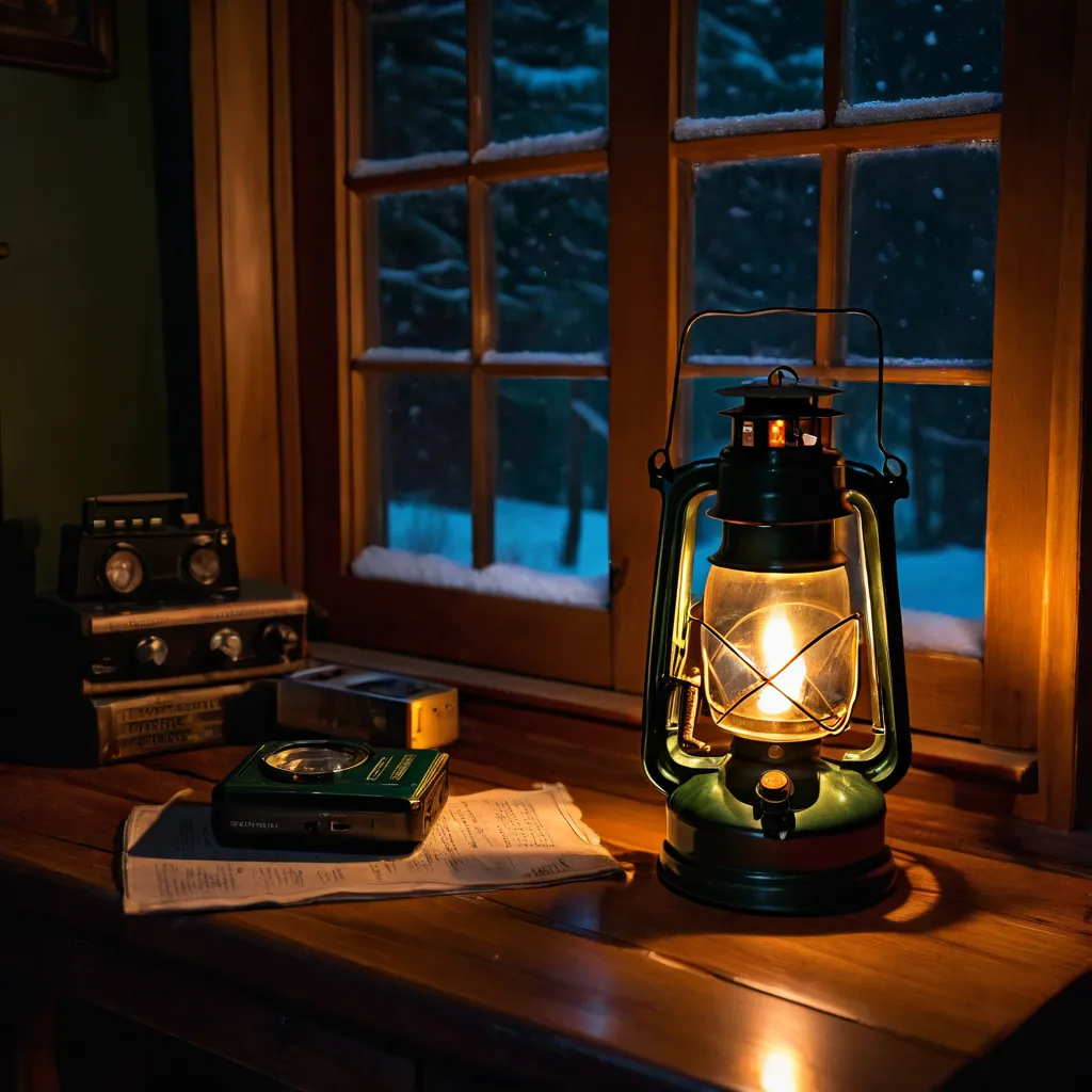 A kerosene lantern, radio and phone on a table during a power outage