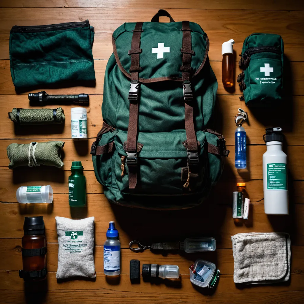 A preparedness kit with backpack, flashlight, blanket and water bottle laid out
