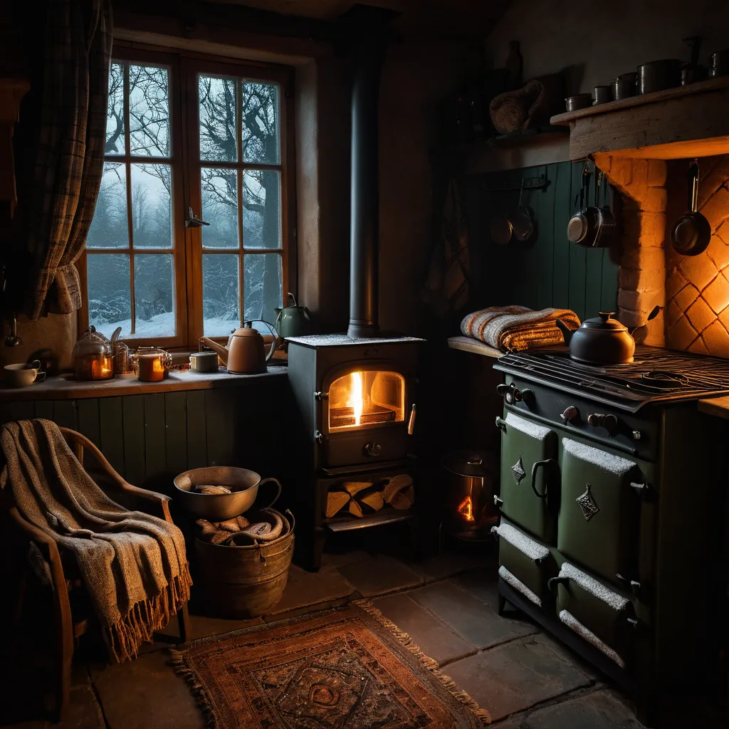 A warm farmhouse kitchen lit by a wood stove on a winter evening